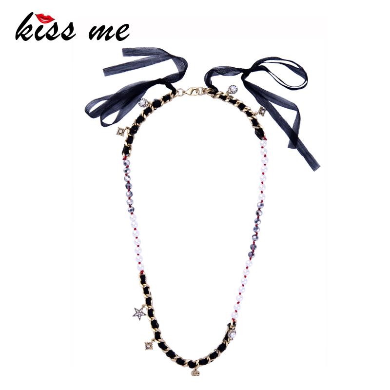 

Pendant Necklaces KISS ME Handmade Ethnic Long Necklace Black Ribbon Imitation Pearls Beads Star Women Retro Accessories