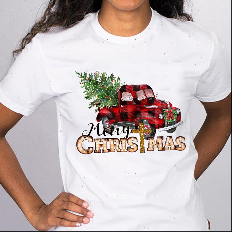 

graphic holiday truck tree women t shirt cute year 90s merry christmas print lady tees clothing female, White