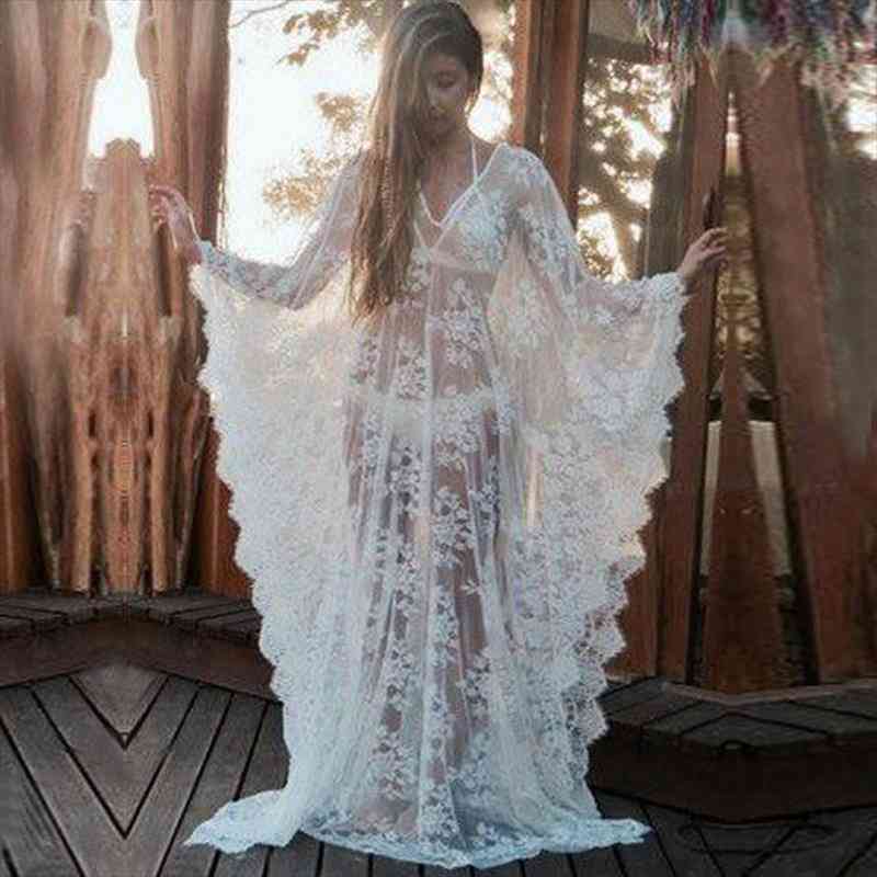 

transparent v-back long loose women dresses beach plus size summer beachwear batwing sleeve maxi robe de plage q673, Black;gray