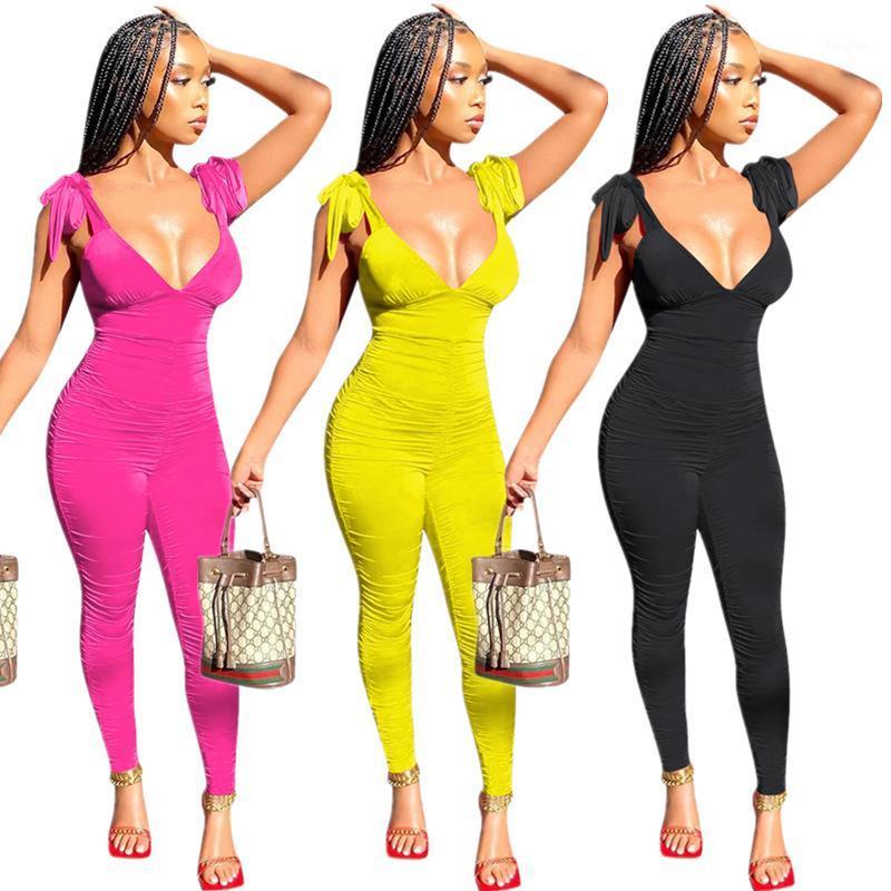 

Women's Jumpsuits & Rompers Solid Color Lace Up Bow Deep V-Neck Trousers Summer Women Jumpsuit European And American Sexy Style, Black;white