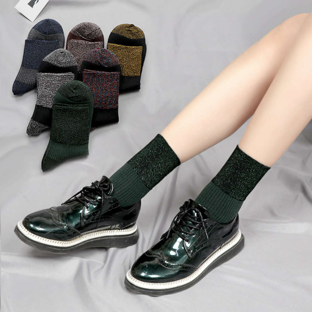 

Autumn and winter bright silk cotton women's socks gold silver middle tube tide onion pile, Black