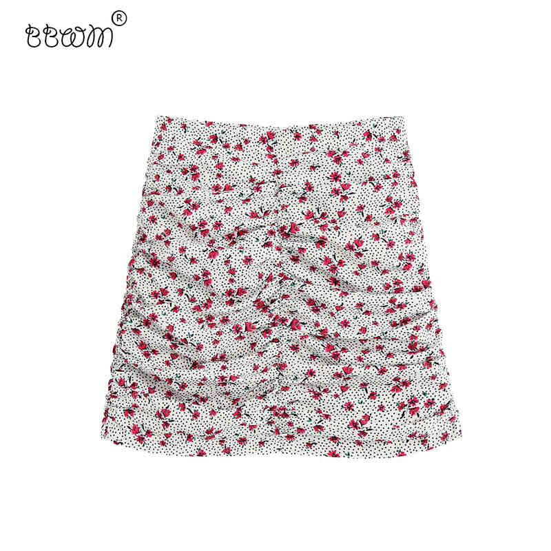 

Women Vintage Chic Floral Printed Draped Mini Skirt Fashion Female High Waist Back Zipper Skirts Faldas Mujer 210520, Red