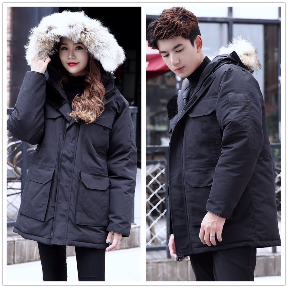 

Men's and women's Winter outdoor leisure sports down jacket white duck windproof parker long leather collar cap warm real wolf fur stylish classic adventure coat, Photo style and color
