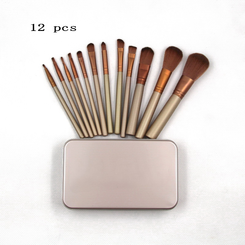 12 pc Gold Makeup Brush Set Professional with Bag Wooden Rod High Grade Coloirs Cosmetic Brushes Kit-image-747096604