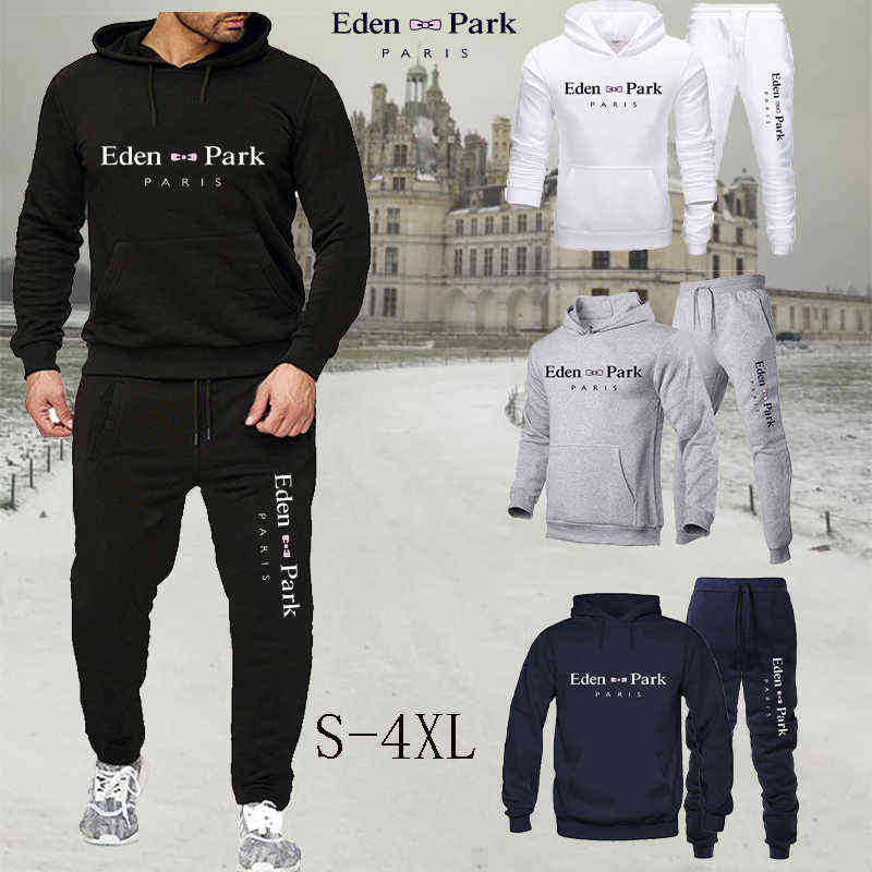 

2021 Winter Eden Printing Set 2-piece Men's Hoodie + Sweatpants Suit Casual Men's Sports Shirt Brand Sportswear Size S-4XL G1209, Black