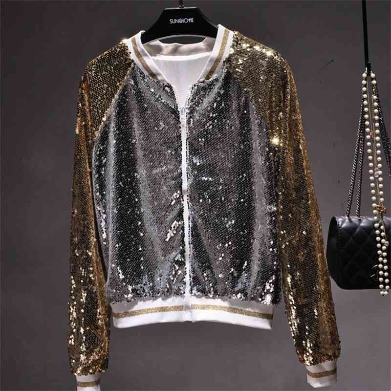 

Qooth Women Sequin Coat Bling Shiny Outerwear Casual Jacket Sequined Short Tops Golden Silver Patchwork Coats qh2164 210518