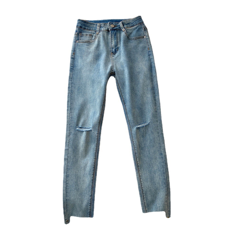

Women's jeans Pants with Irregular Hem, High Waist and Knee Holes, Small Leggings Washed to Make Old Spring Summer Jeans, Light blue
