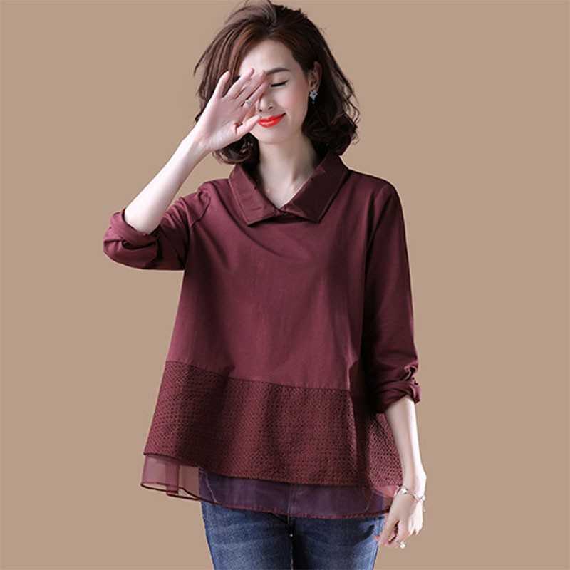 

Arrival Spring Korea Fashion Women Long Sleeve Turn-down Collar Loose Blouse Patchwork Organza Casual Shirts Plus Size V248 210608, Red