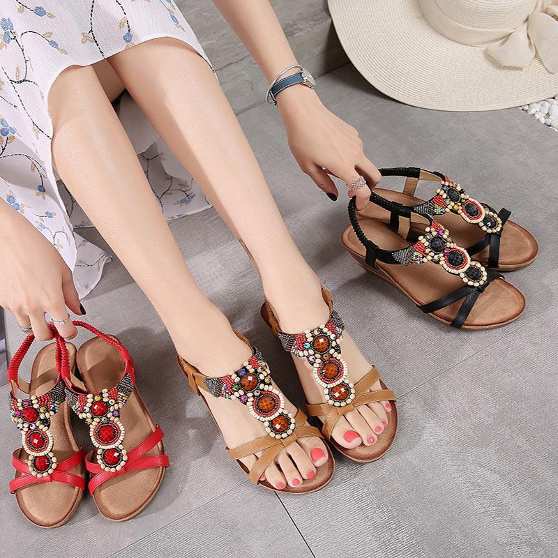 

Women Wedge Heels Sandals Ladies Retro Footwear Buckle Strap Female Rhinestone Comfort Woman Shoes Summer Plus Size Low, Black3