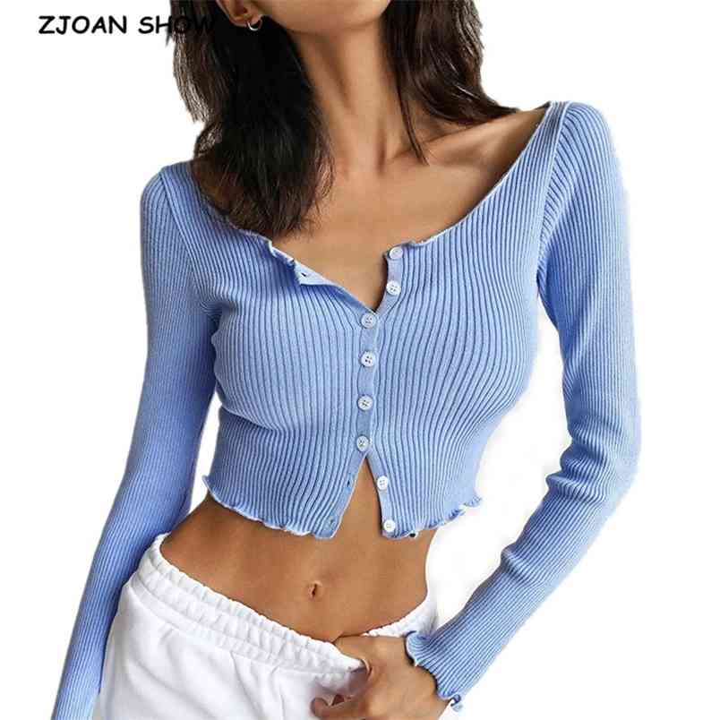 

CHIC Retro Knitting Single Breasted Button Wood ears Cardigan Sweater Woman Stripe line Long Sleeve Jumper Knitted Knitwear 210429, White