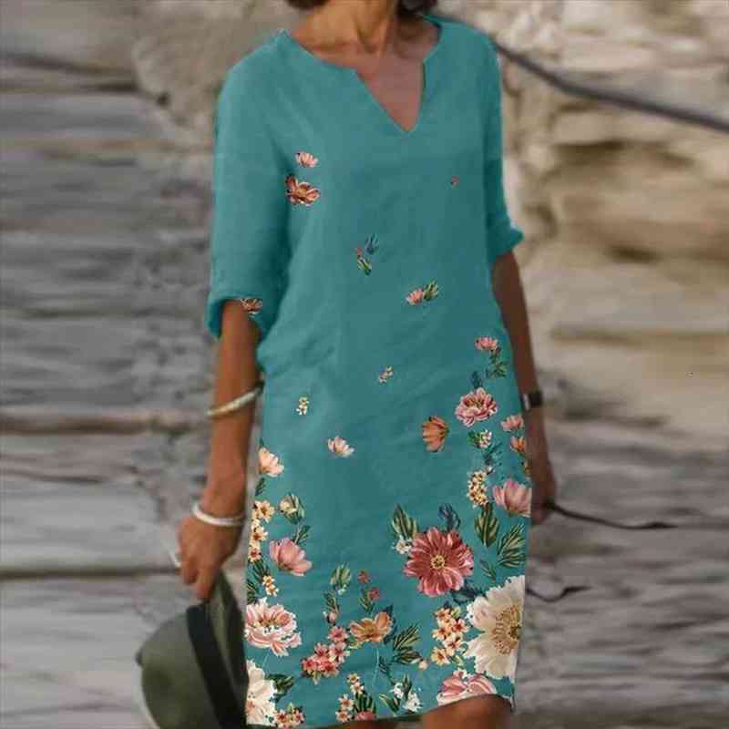 

vintage floral print dress women summer elegant v-neck half sleeves knee length dresses female casual loose vestidos, Black;gray