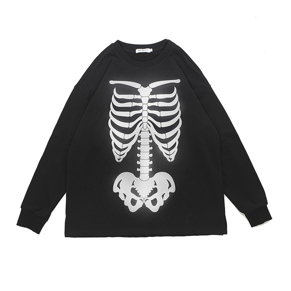 

Sweatshirts Dark wind skeleton reflective printed sweater mens high street fashion brand loose round neck long sleeve trend Pullover Hoodie, White