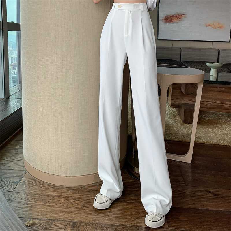 

summer thin straight suit wide leg pants Suit mopping pants women's high waist drape loose casual pants black white yellow 210604