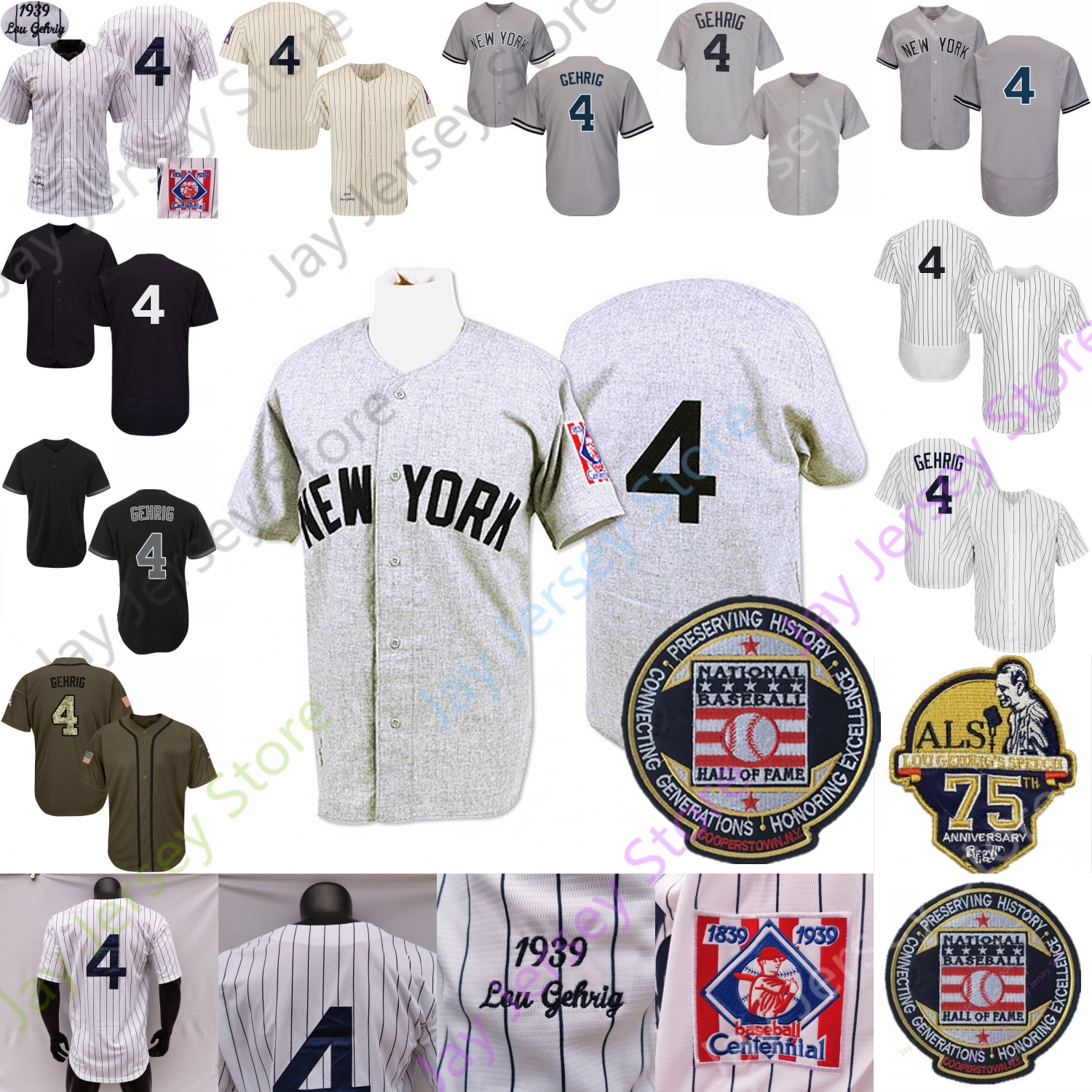 

Lou Gehrig Jersey 75th hall of fame patch 1939 Grey White Cream Pinstripe Grey Turn Navy Back Fans Player Size S-3XL, Salute to service