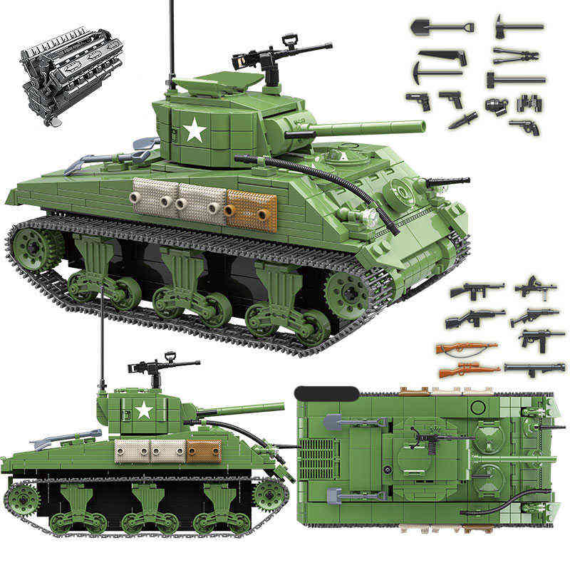 

726PCS Military US Sherman M4A1 Tank Building Blocks WW2 Tank City Children Police Soldier Weapon Bricks Kids DIY Toys Gifts Y1130