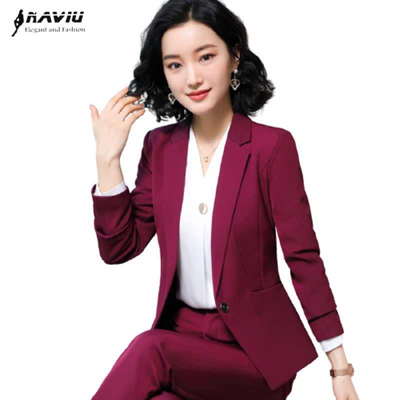 

Fashion Women Pants Suit Temperament Formal Long Sleeve Blazer and Trousers Office Ladies Business Interview Work Wear 210604, Wine coat and pant