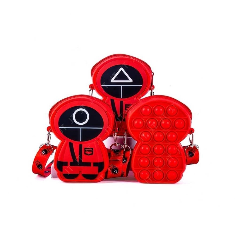 

Squid game silicone crossbody backpack kids cartoon push bubble figet popper board game messenger shoulder bag masked red doll purses kids christmas toy G0416ZV