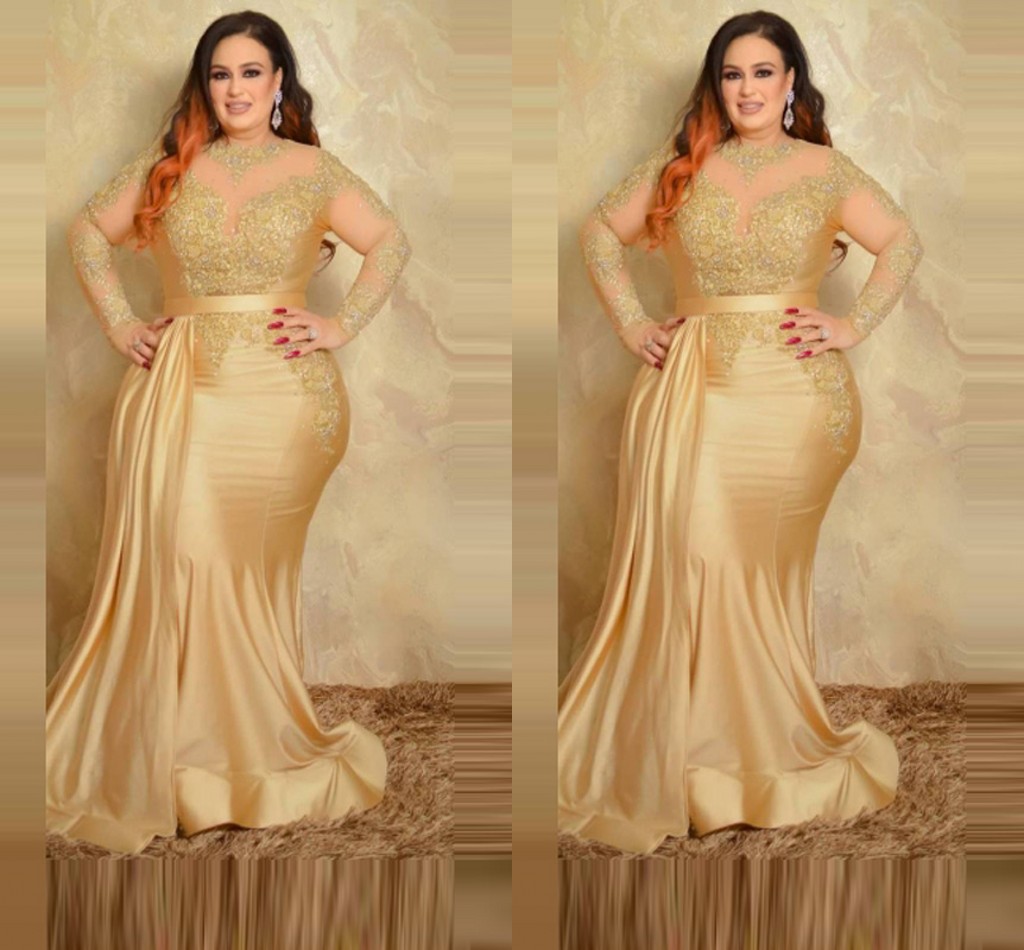 

2023 Sexy Plus Size Formal Evening Dresses Elegant With Long Sleeves Gold Lace High Neck Sheath Special Occasion Dress Mother Of The Bride, Black