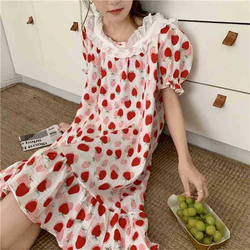 

Princess Lace Sweet Nightdress Pajamas Gentle Loose Printed All Match Summer Short Sleeves Homerwear Dress 210525, Photo color