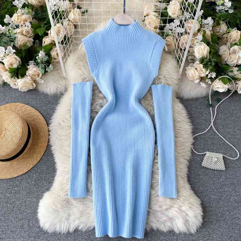 

Women Knitted Bodycon Dress Spring Autumn Off Shoulder Short Dresses Ladies Elegant Party Wear Sweater Drses Vestidos 210602, Blue