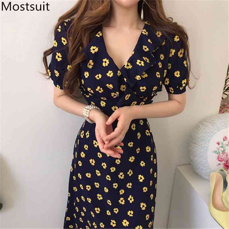 

Summer Korean Floral Printed Ruffles Long Dress Women Short Sleeve V-neck Belted Dresses Fashion Vintage Ladies Vestidos 210518, Picture color