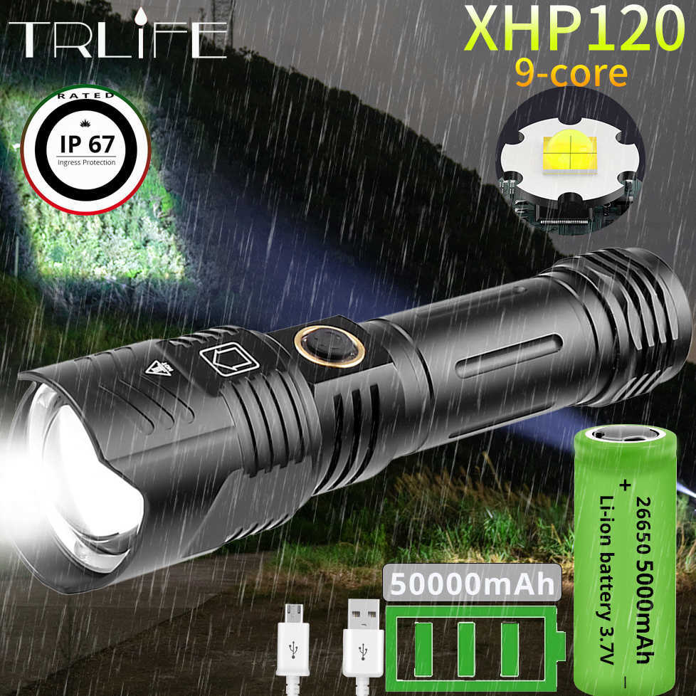 

est 5000mAh XHP120 9-core LED Flashlight Zoom USB Rechargeable Most Powerful XHP99 xhp90 Torch 18650 26650 Handheld Light 210608, 2600mah 26650
