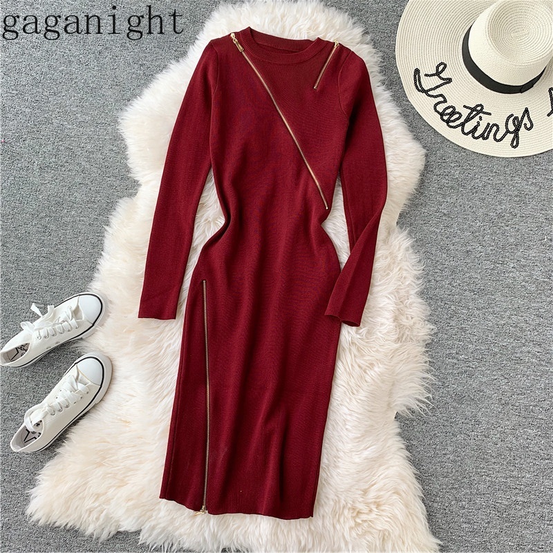 

Gaganight Knitted Zipper Women Maxi Dress Long Sleeve O Neck Solid Bodycon Dresses Office Lady Spring Autumn Fashion Vestido 210519, Apricot