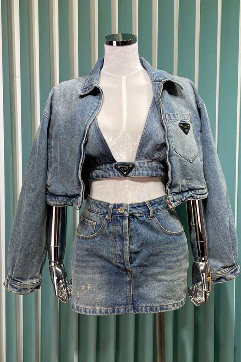 

Autumn New American Street Trendy Nightclub Ins Super Popular Suit Womens Denim Short Coat Wrapped Chest Miniskirt, Washed blue