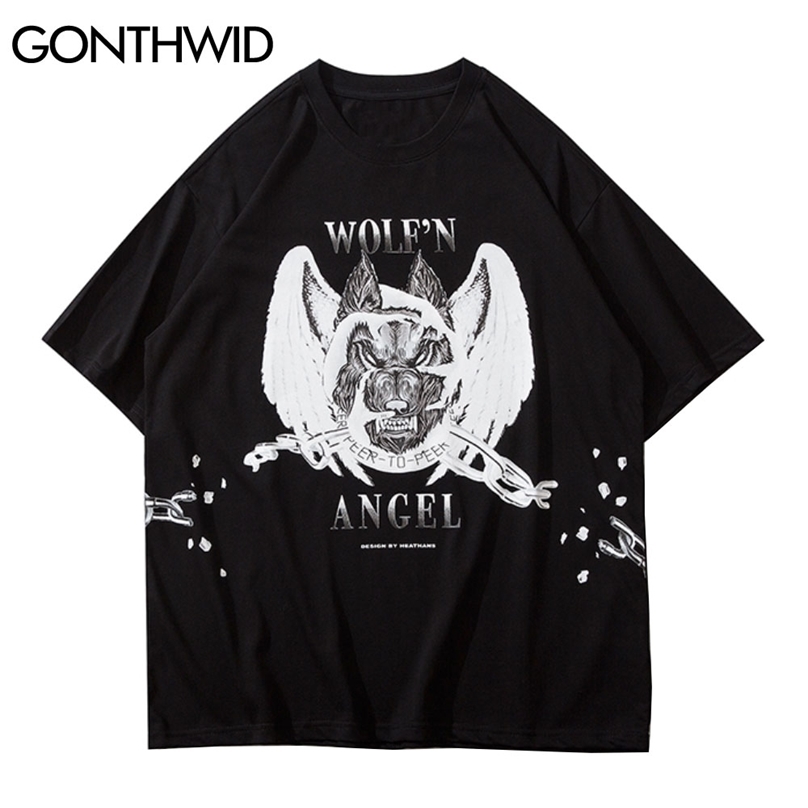 

Tshirts Hip Hop Chain Wolf Print Short Sleeve Tees Shirts Streetwear Casual Cotton T-Shirts Fashion Loose Tops 210602, Black