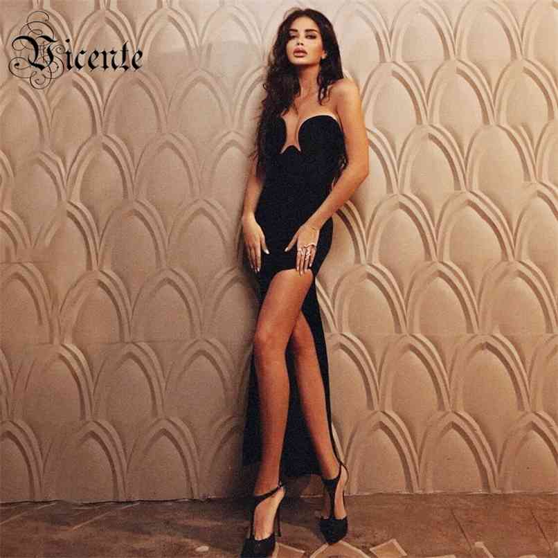 

Chic Black Dress Sexy Strapless Sleevelss Side Split Celebrity Party Club Bandage Maxi Long 210520