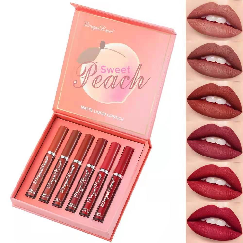 

Dragon Ranee makeup 6 color matte liquid lipstick 2 styles sweet peach lipgloss Non-stick lip glaze, Mixed color