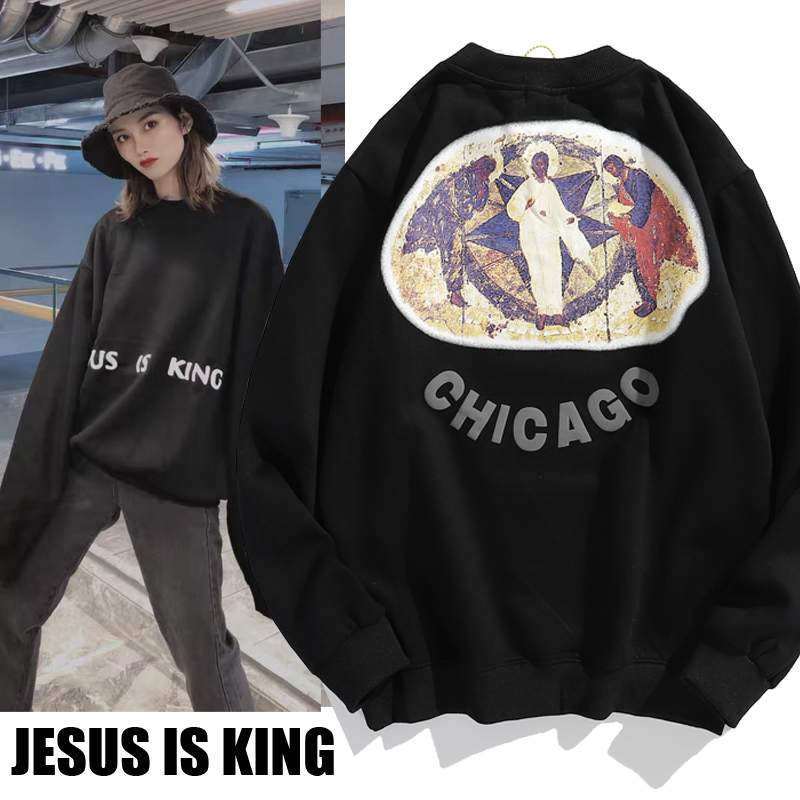 

2021 high quality Fashion Europe and the United States Hoodie Kanye Chicago Jesus is king religious oil painting neck Plush sweater hoodies tpos, Black