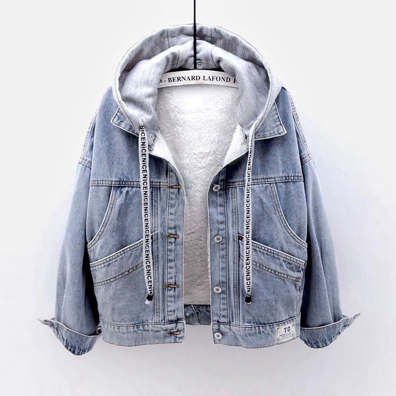 

Autumn winter cotton padded clothes women' Korean version is thin and plush thickened cowboy coat short hooded warm lamb cashmere, Blue without plush