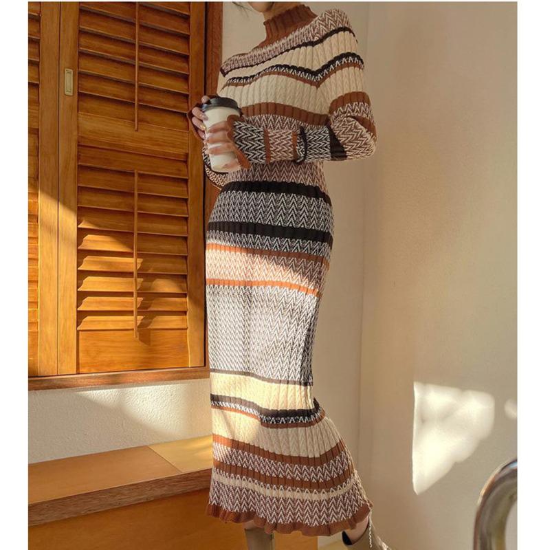 

Casual Dresses Fashion Striped Ladies Midi Mermaid Dress Vintage Elegant Women Knitted Christmas Sweater Vestidos, Black;gray