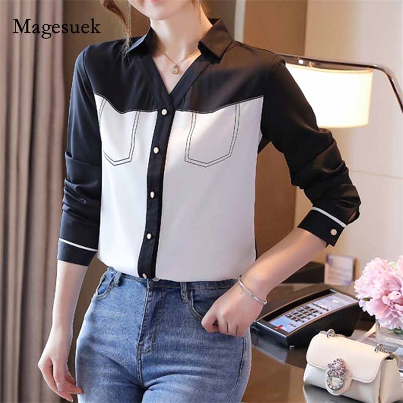 

Office Lady Shirts Cardigan Autumn Women POLO Collar Long Sleeve Shirt Womens Tops and Blouses Blusas Mujer De Moda 11001 210518, Picture