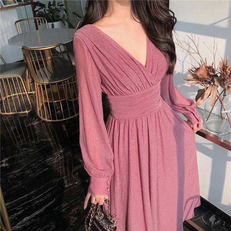 

Solid Elegant Dress Women Autumn Sequin Party Midi Dress Female Casual Chiffon Slim Korean Dress Autumn Womens Clothing for Wo, Black dress
