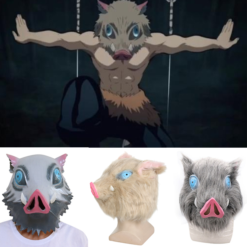 

Demon Kimetsu no Yaiba Cospaly Hashibira Inosuke Latex Mask Pig Head Helmet With Hair Halloween Party Props