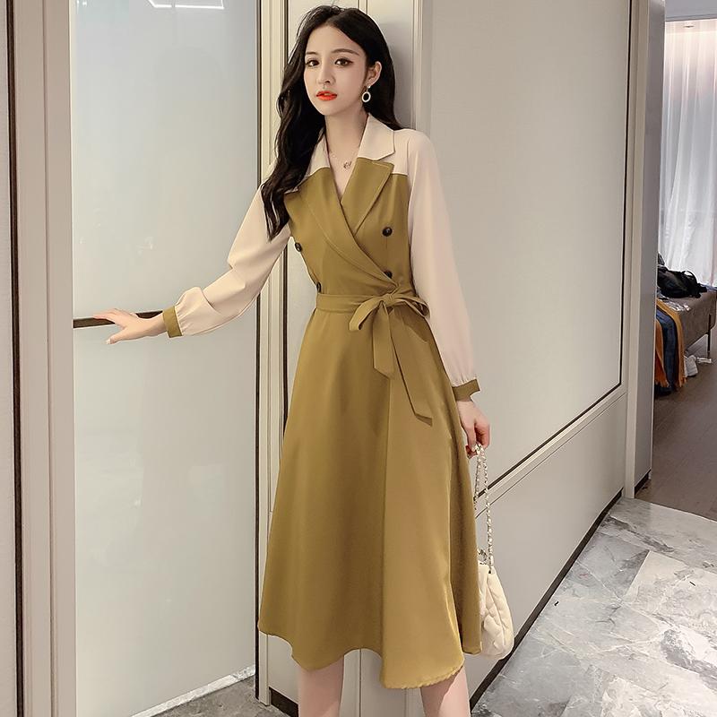 

Casual Dresses Office Lady Temperament Chic Korean Long Sleeve Notched Double Breasted Dress Bandage Hit Color Patchwork Autumn Fashion Slim, Black;gray