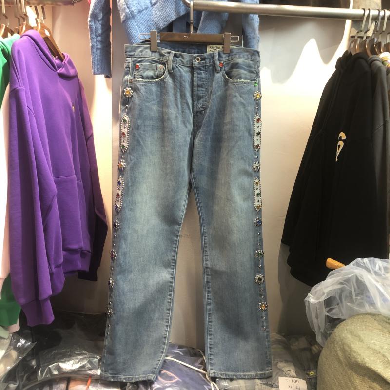

Jeans Men Women 1:1 High Quality KAPITAL Pants Vintage Washed Inlaid Gemstone Distressed Trousers Inside Tag Men's