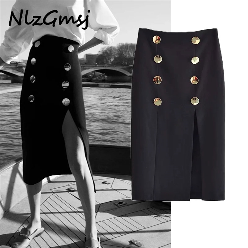 

Skirt Women High Waist Button Pencil Midi Summer s Chic Front Slit Back Vintage Office Lady Black 03 210628, As picture