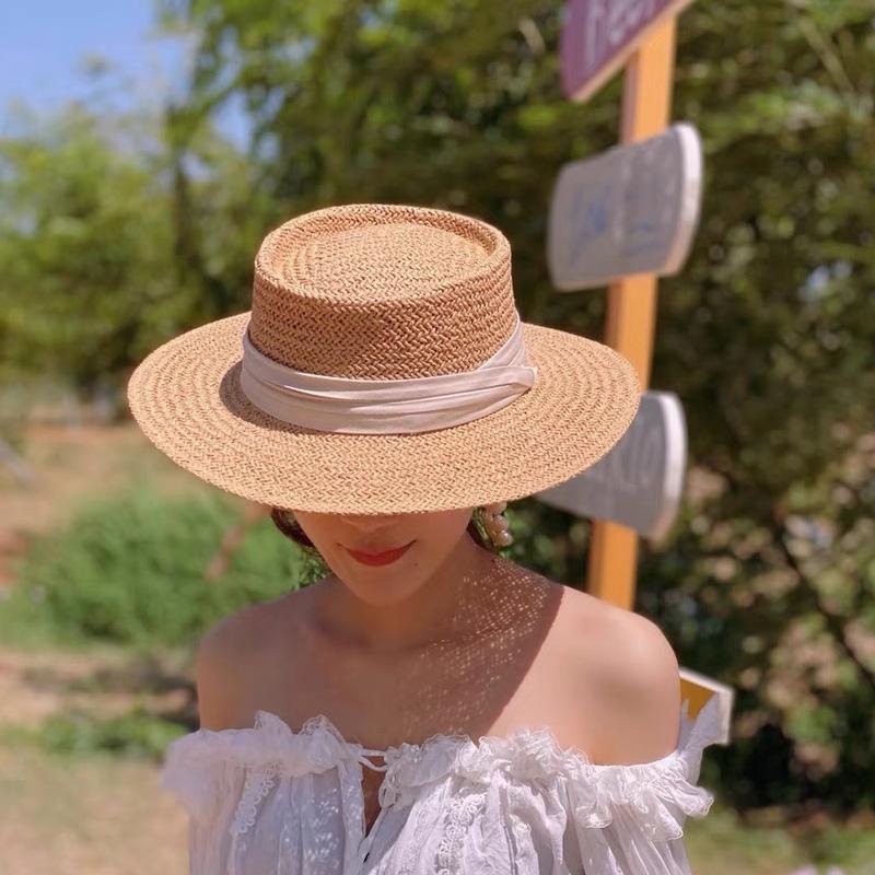 

Wide Brim Hats Miss Su Flat Straw Hat French Style Vacation Beach Children Summer Seaside Sunhat Broad-Brimmed, M 56-58cm