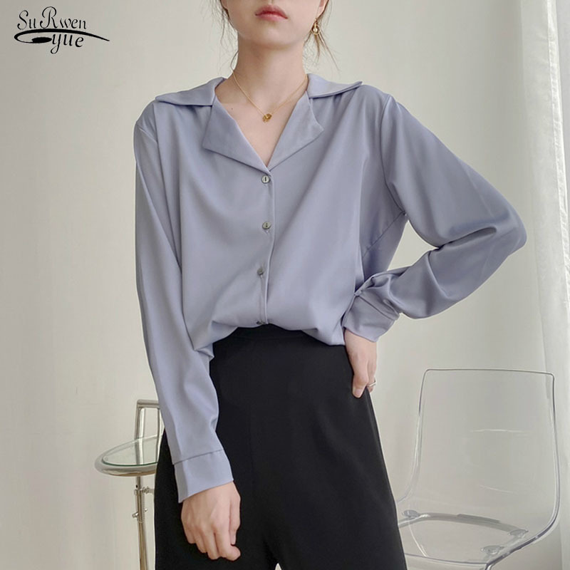 

Korean Chic Loose Office Lady Style Suit Lapel Collar Fashion Long Sleeve Women' Shirt Autumn Vintage Solid Top Female 11092 210521, Purple
