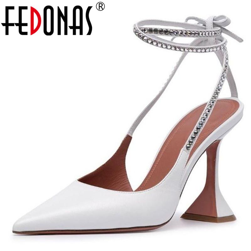 

Dress Shoes FEDONAS Cross Tied Women Sandals Rhinestone Genuine Leather Woman Fashion Pointed Toe Party Wedding High Heels Pumps, Black