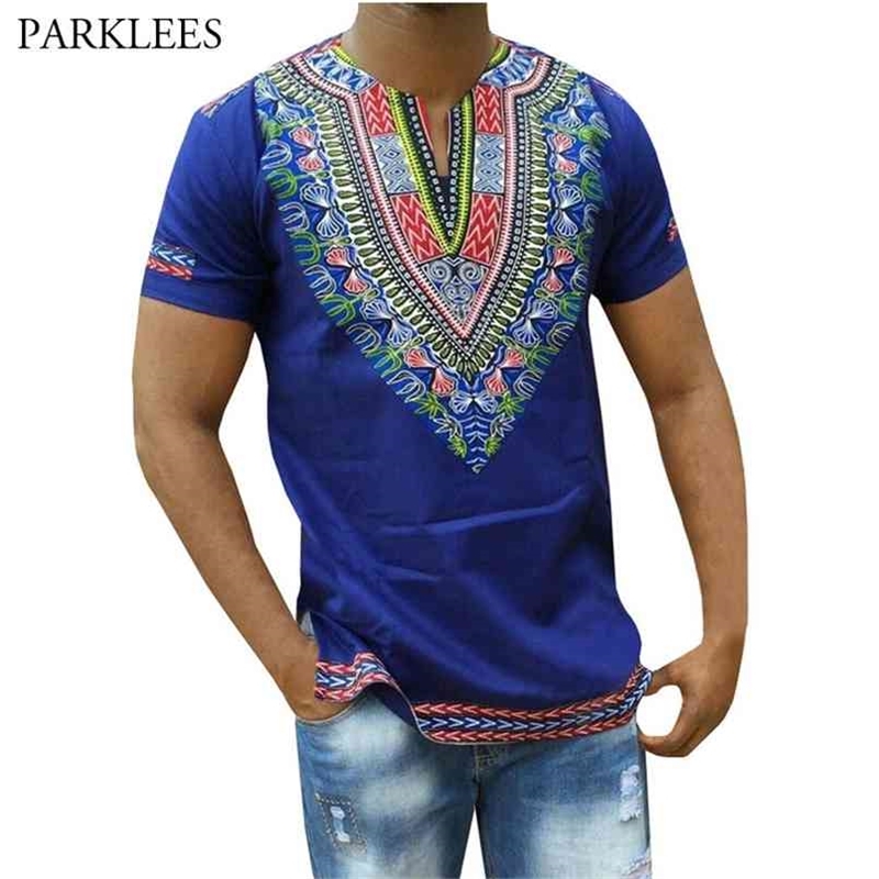 

Blue Dashiki T Shirt Men Brand African 3D Print Slim Fit Mens T-shirts Casual V Neck Short Sleeve Hip Hop Camisetas 3XL 210721