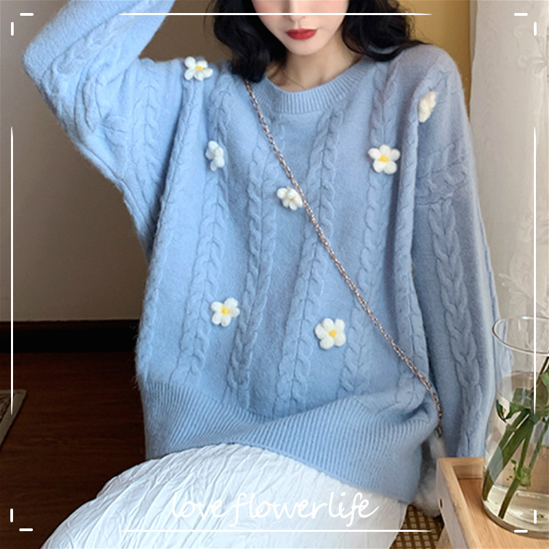 

4 Color Sweet Knitted Sweater Women Casual Loose Oversize Thin Pullover Female O-neck Long Sleeve Kawaii Tops Autumn Korean 210521, Blue