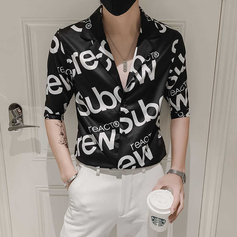 

Summer Sexy Suit Collar Casual Shirts Men Short Sleeve Slim Streetwear Shirts Letter Printed Social Party Nightclub Male Clothes 210527, White