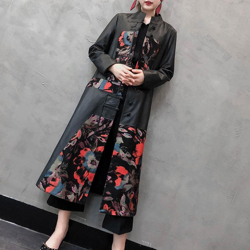 

Women's Leather & Faux National Style Elegant Retro Chinese High Quality Sheepskin Trench Coat Floral Print Long Single Genuine Jacket, Black