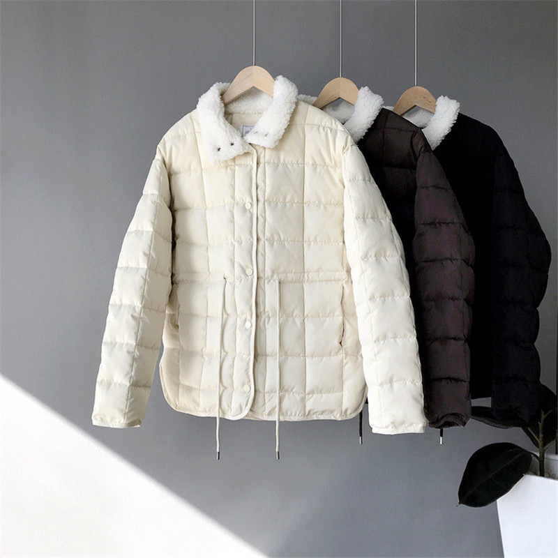 

Casual Lambswool Turndown Collar Short Winter Down Jacket Women Coats Drawstring Warm Thicken Parka CRRIFLZ 210520, Beige