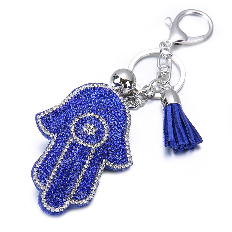 

Keychains 13 Colors Wholesale Silver Plated Hamsa Fatima Hand & Rhinestone Charms Palm Keychain Fashion For Car Key Ring Accessories