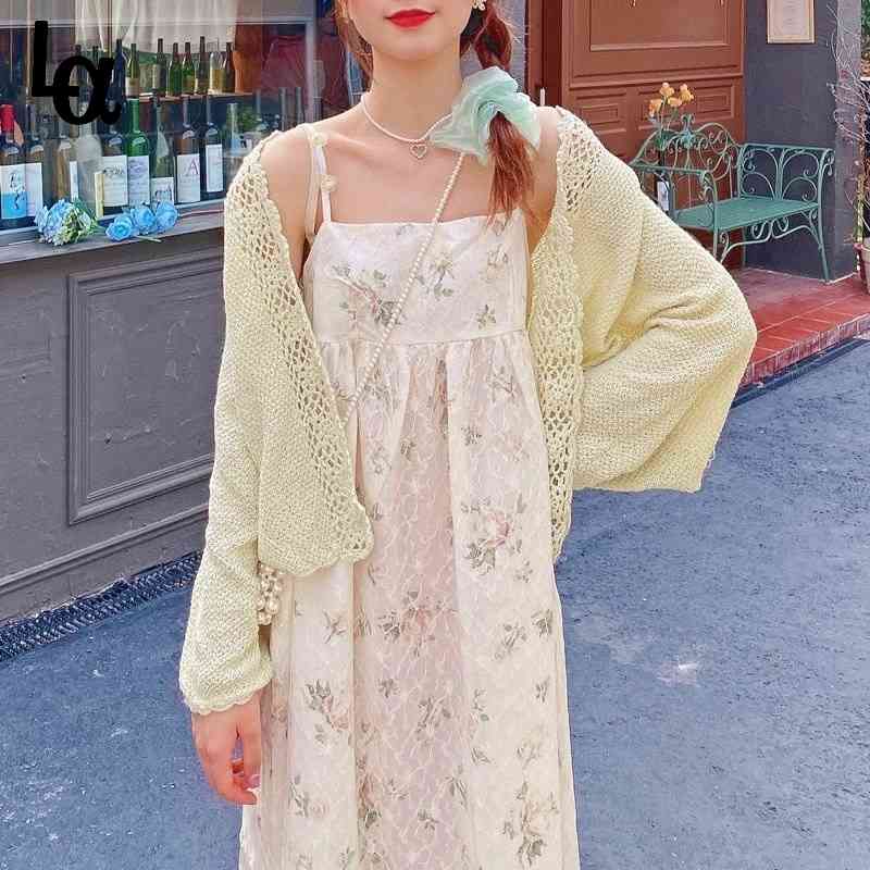 

Summer Elegant Sweet Fairy Strap Dress Women Kawali Print Floral Sexy Midi Casual Holiday Party Chic Korean 210519, Green cardigan
